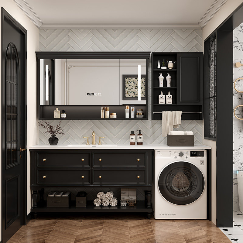 French-Style Vintage Bathroom Cabinet Set with Washing Machine Cabinet, Integrated Rock Slab Basin, Solid Wood Lacquered Floor-Standing Cabinet, and Washbasin