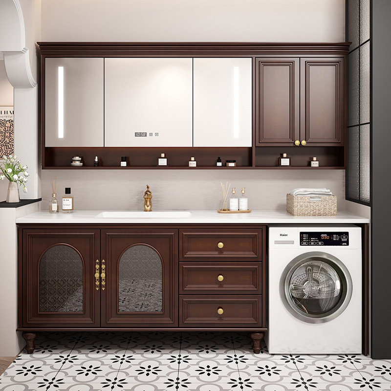 American-Style Oak Washing Machine Integrated Cabinet Combination Bathroom French Retro Washbasin with Seamless Ceramic Countertop