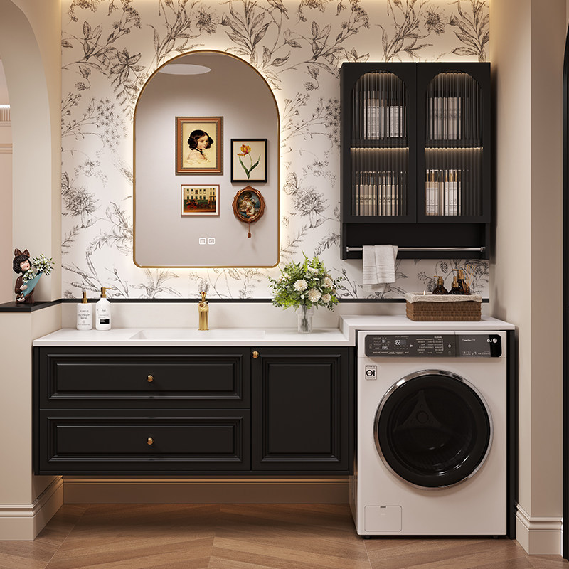 French-Style Retro Balcony Washing Machine Integrated Bathroom Cabinet Set with Stone Slab Hot-Bent Integrated Basin Bathroom Cabinet Washbasin