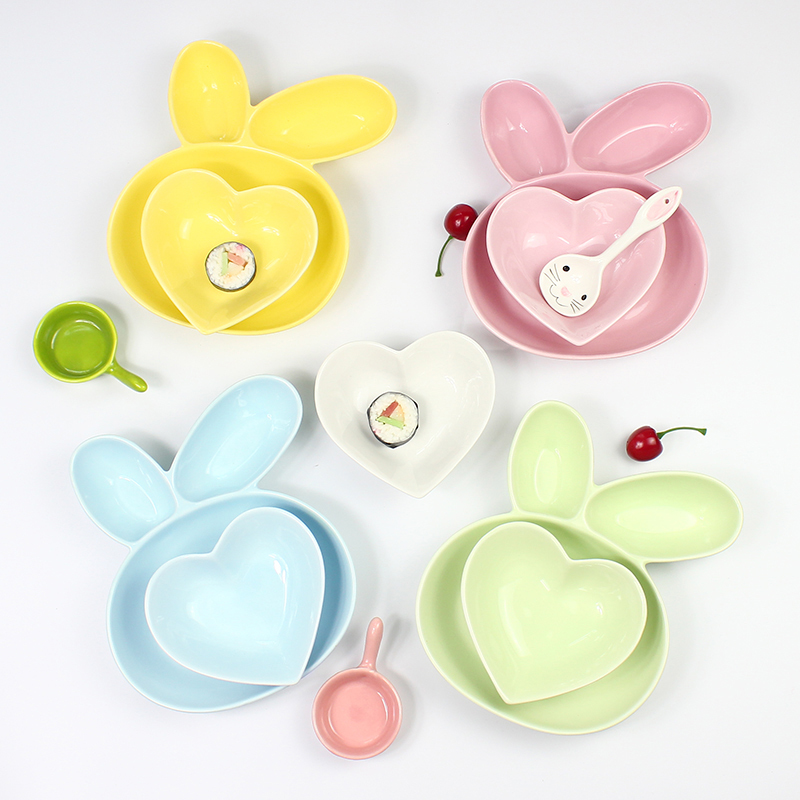 Love Meihui Solid color color glaze creative ceramic Children's home partition plate bowl spoon tableware three-piece set