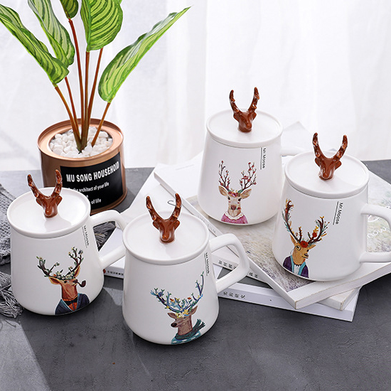 Love graces the Nordic hand - drawn does style with cover ceramic mugs ins creative antlers household water cup 400 ml