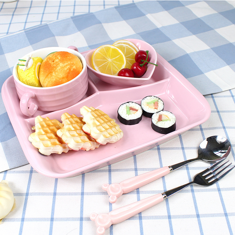 Creative frame plate Korean ceramic insulation household sweet breakfast tray was health pure color plate of fruit fork spoon set