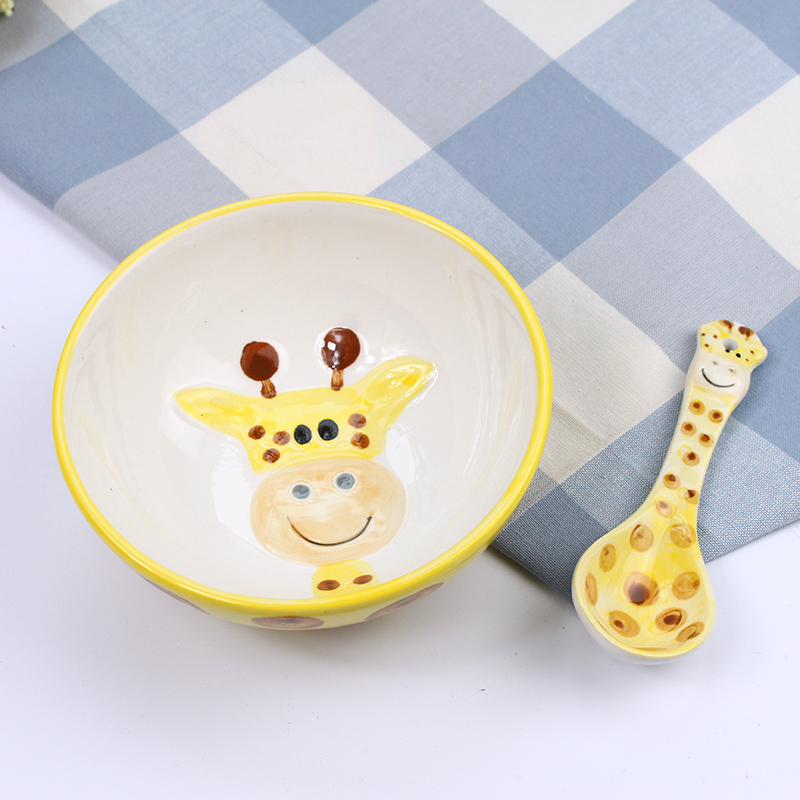 Love graces, lovely healthy children bowl of Korean cartoon drawing under the glaze color small animals 5 inch ceramic bowl spoon set