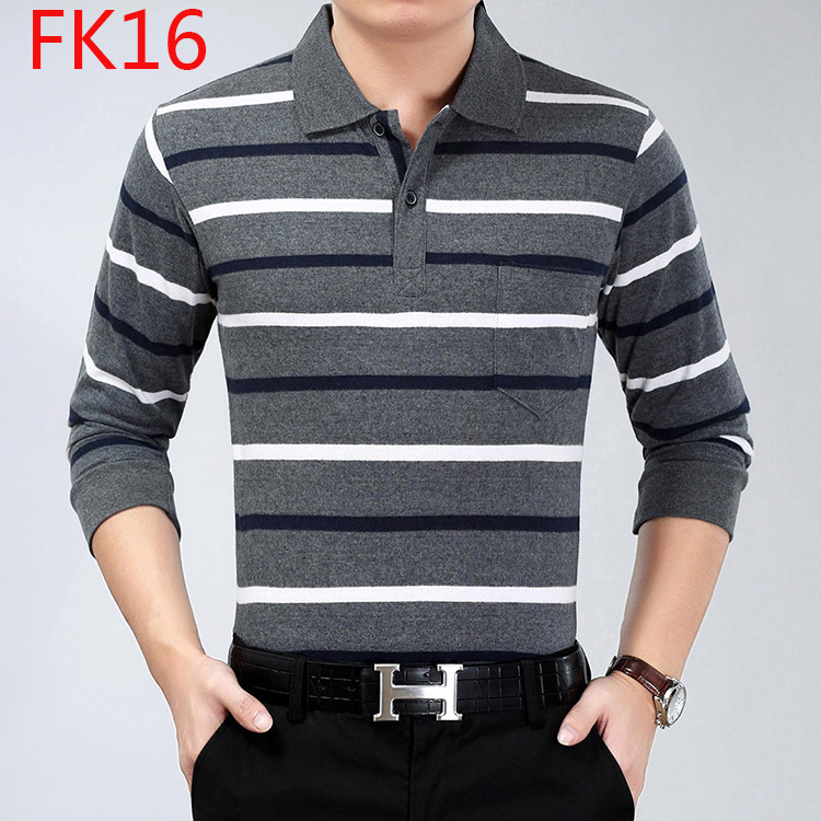 2018 người đàn ông mới của dài tay T-Shirt cotton lỏng trung niên cha nạp sọc ve áo bất pocket POLO áo sơ mi