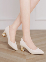 Beige high-heeled shoes womens 2022 new leather temperament with cheongsam shoes middle-heeled mother four seasons thick-heeled single shoes
