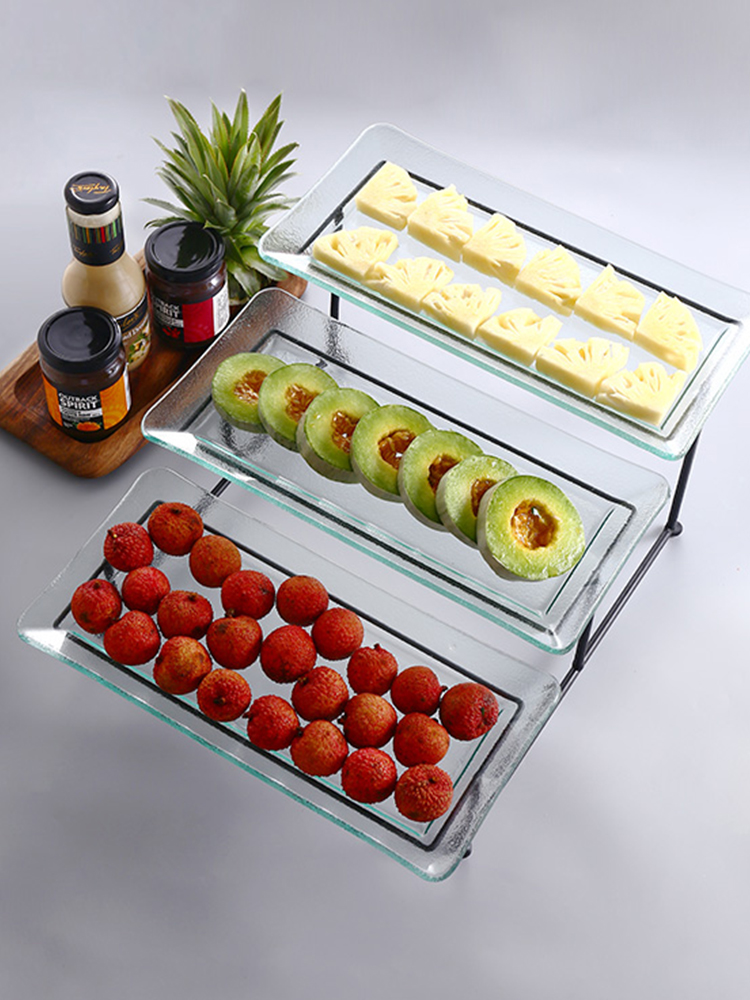 Glass plate with metal bracket Fruit plate 2-3 piece set European simple hotel dining room commercial multi-layer tableware