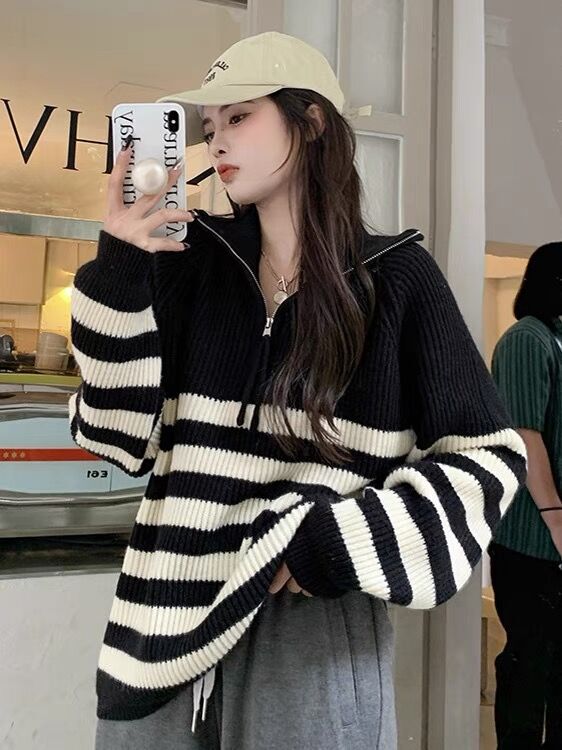 Half-Turtleneck Zipper Striped Sweater for Women, 2026 Autumn and Winter New Design, Loose Pullover Knit Top