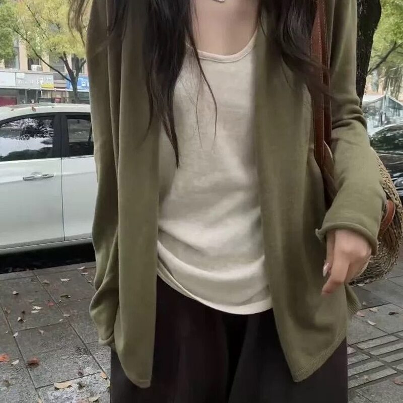 Casual Two-Piece Set Green Knitted Cardigan for Women Early Autumn New Thin Loose V-Neck Long-Sleeve Petite Jacket