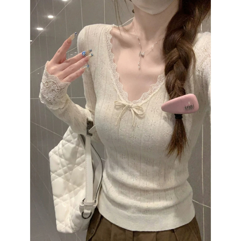White Lace-Trimmed V-Neck Bow-Knot Knit Sweater for Women, New Autumn and Winter Style, Inner Layer Base Shirt, Long-Sleeved Slim-Fit Top