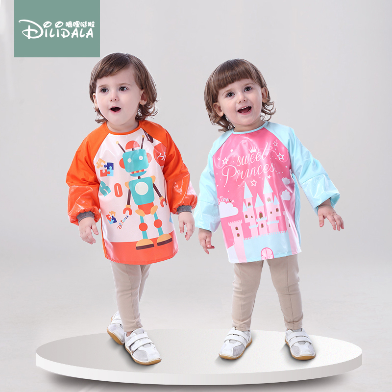 Waterproof section male girl baby eating hood clothes for children drawing long sleeves for children Anti-wearing clothes autumn and winter thin