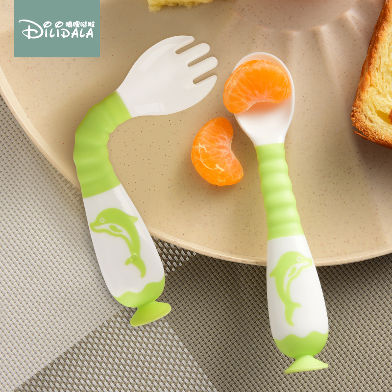 Baby Training Eat Spoon Baby Boy Deputy Food Elbow Crooked to Eat With Suction Cup Bent Soft Tablespoon Fork Cutlery