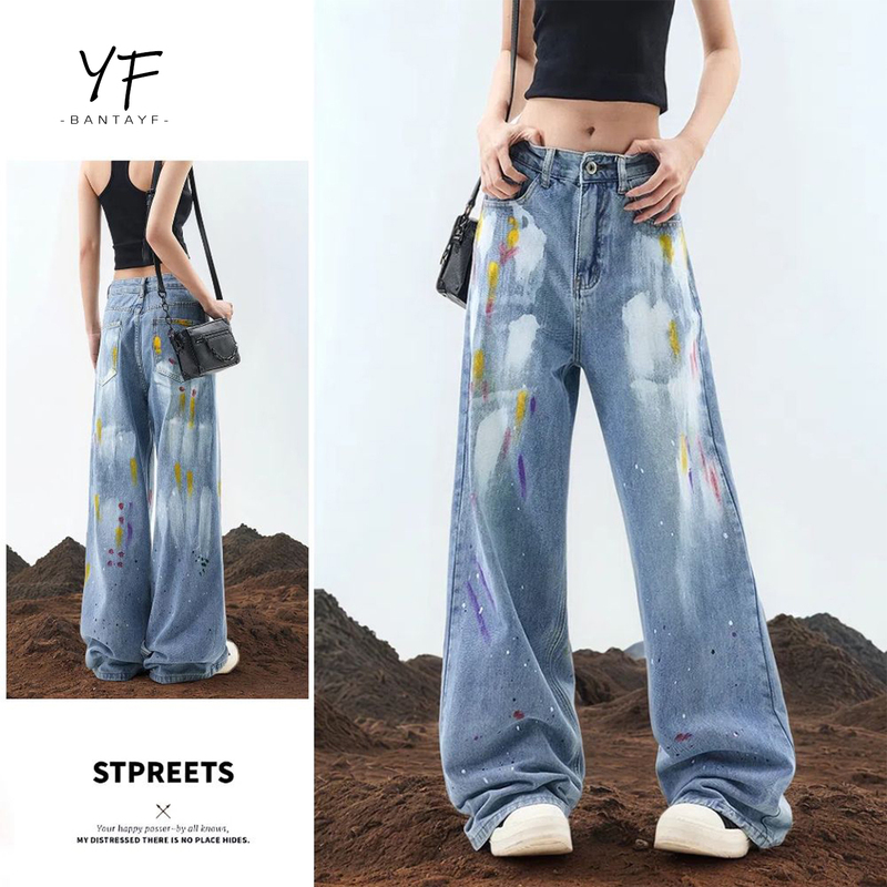 Btyf Zhou Shen Celebrity-Inspired Unique Design Splatter Graffiti Loose Straight Mid-Waist Jeans Unisex Versatile