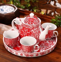 Picking brocade wedding supplies newcomer red tea cup creative ceramic wedding teapot wedding decoration kettle 6-piece set