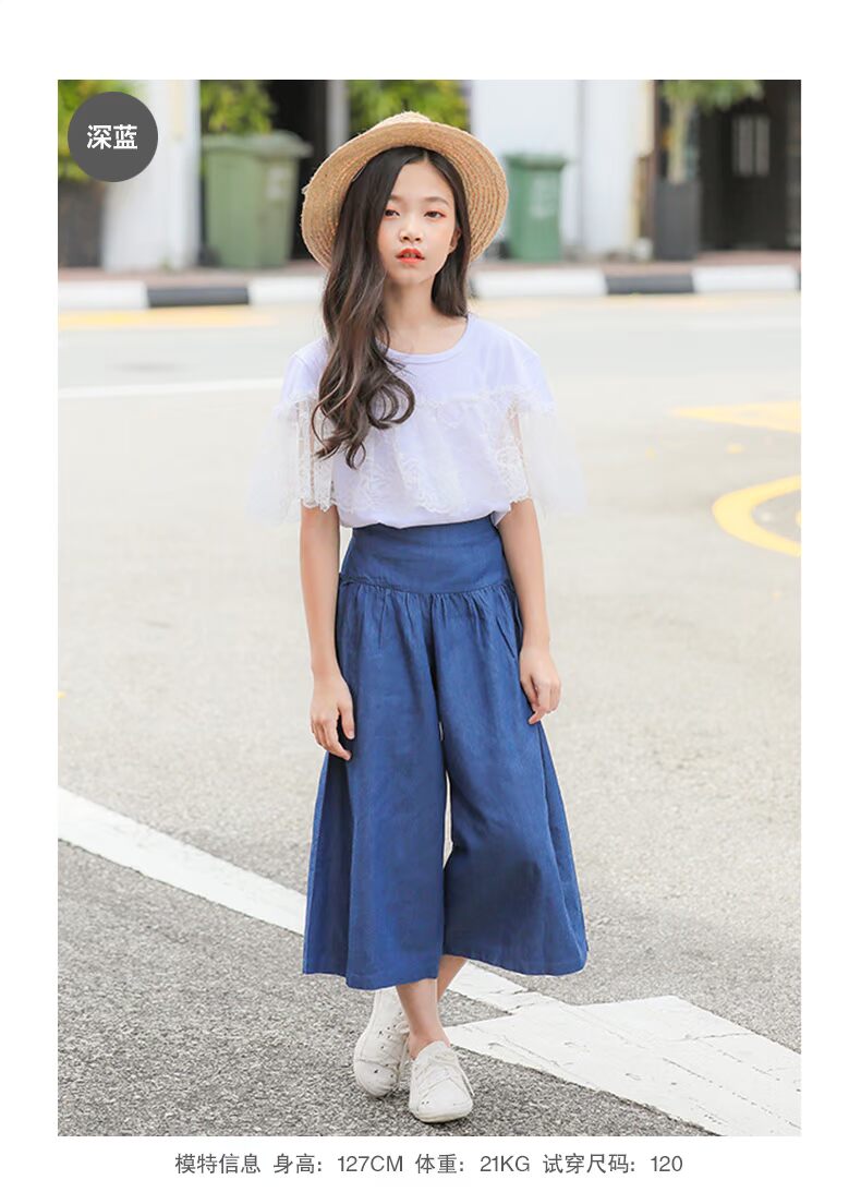 Váy hè 2019 mới cho bé gái denim ống rộng chân quần mỏng bé gái 12 quần rộng 7 điểm quần dài 15 tuổi - Quần jean quần jean nam mùa đông 1-7 tuổi