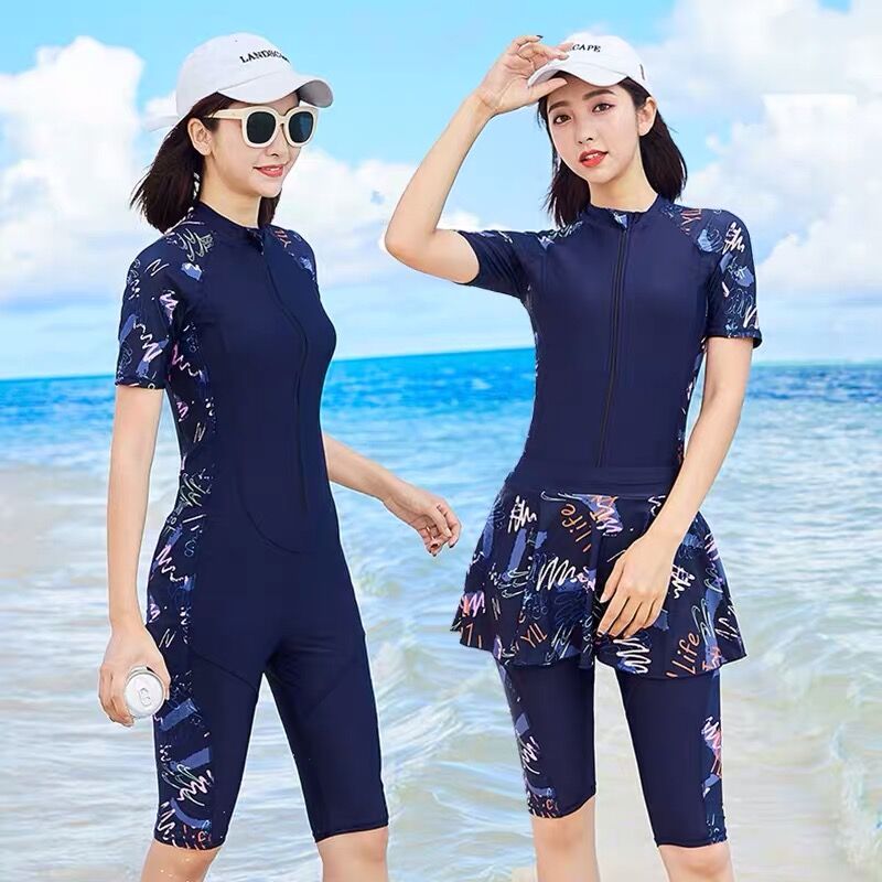 Swimsuit women's one-piece boxer skirt fat MM conservative cover belly slimming gathered large size short-sleeved sports hot spring swimming suit