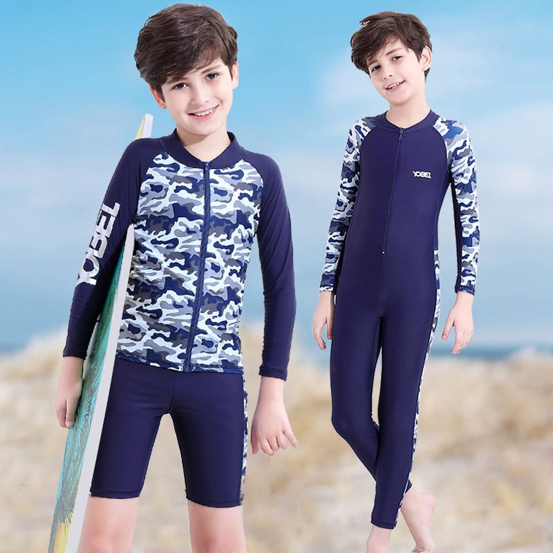 Boys two-piece swimsuit Summer children Middle school children Student jumpsuit Long sleeve Sunscreen quick-drying swimsuit Fat teen suit