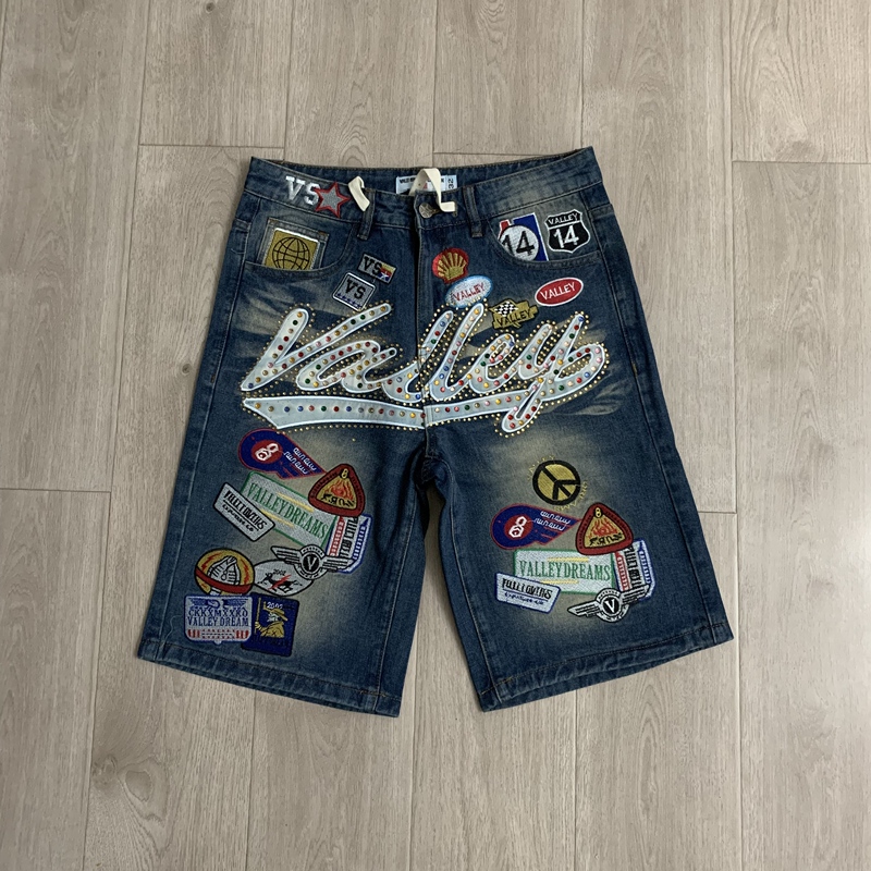 Men's and Women's Vale Forever 1980S Jorts Trendy Brand Denim Embroidered Retro Washed Blue Rhinestone Shorts Men's and Women's Vale Forever 1980S Jorts Trendy Brand Denim Embroidered Retro Washed Blue Rhinestone Shorts