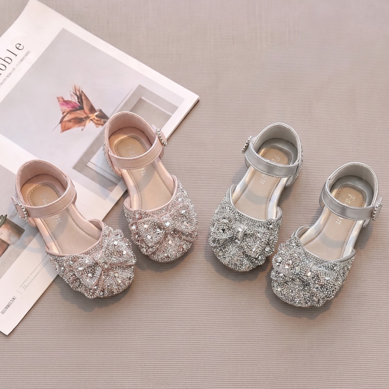 Genuine Leather Girls' Princess Sandals Children's High Heels Soft Sole 2026 New Summer Silver Girls' Crystal Sandals