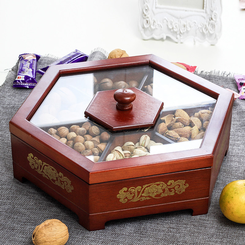 Solid Wood fruit box candy box creative home living room sealed fruit plate melon seed split with lid wedding dry fruit plate