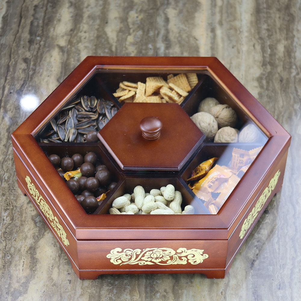 Solid wooden fruit plate living room creative wooden dried fruit plate compartment with lid Chinese fruit plate fruit box candy box snack box