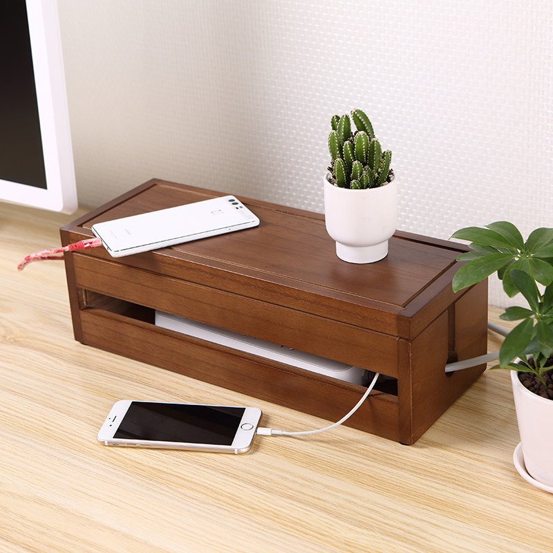 Solid wood office Home wifi router socket platoon plug in storage box finishing box desktop rationel wire box rationalizer