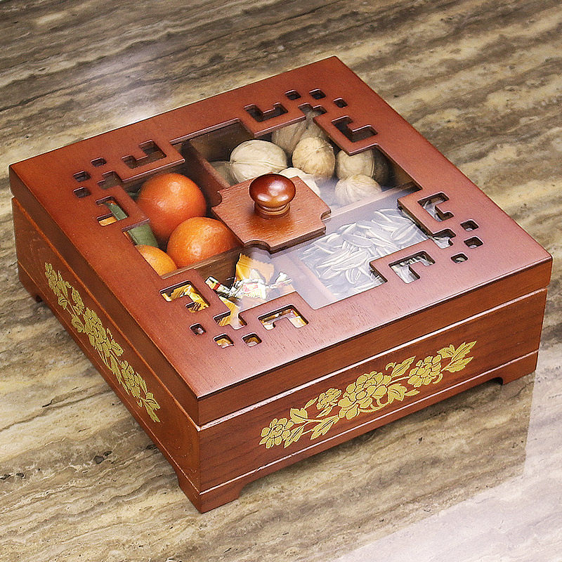 Wooden dried fruit plate fruit bowl fruit basket compartment with lid dried fruit box living room Chinese melon seeds solid wood snack plate candy plate