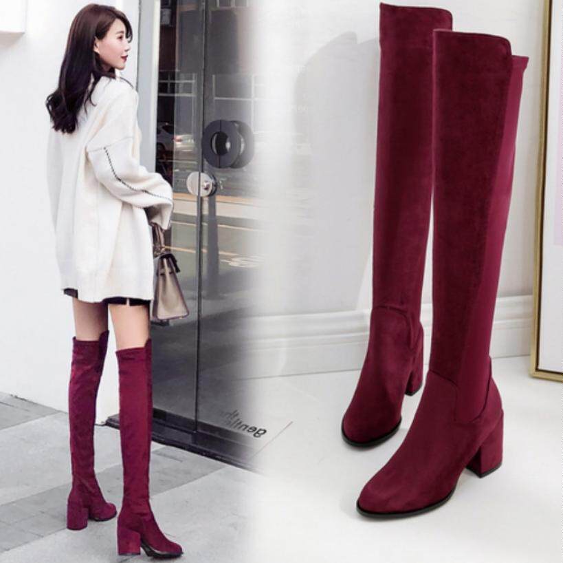 Autumn Winter Long Boots Woman Over Knee Students High Cylinder Boots Korean Version Fashion Elastic Splicing Outdoor Boots Coarse heels Boots Wine Red