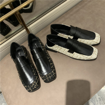 chic English grid cloth splicing square head thick heel flat bottom small leather shoes women 2020 Spring and Autumn New one pedal shoes