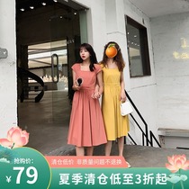 French square collar dress female leak clavicle 2021 new summer high waist retro waist orange ginger skirt