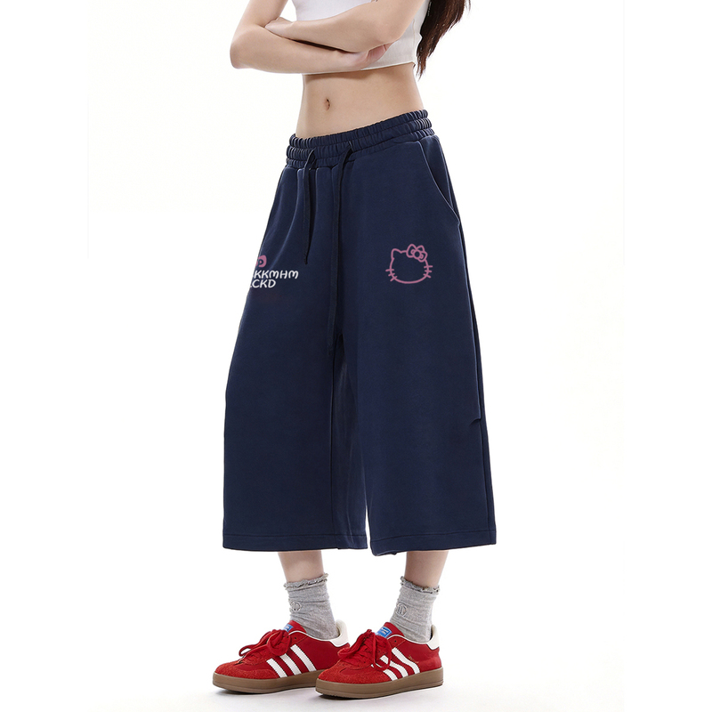2026 American-Style Simple Letter Cat Print Sports Capri Pants for Women, Versatile Loose Navy Blue Pants for Men in Summer