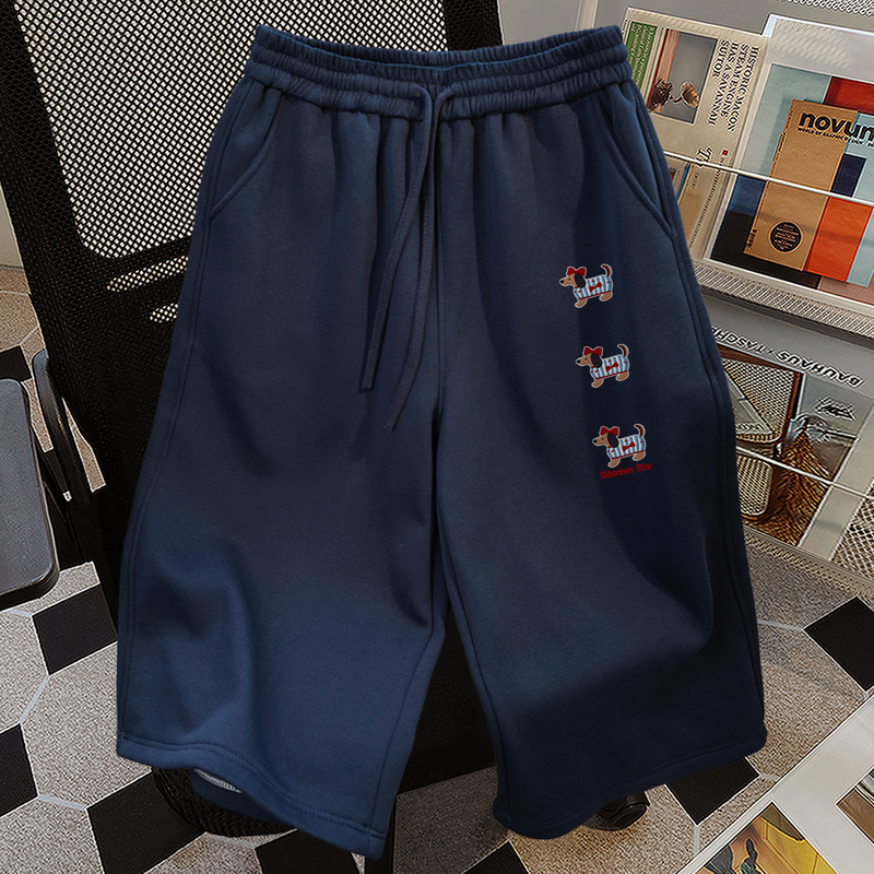 Japanese-Style Lazy College Style Dachshund Print Sports Capri Pants for Women, Summer Versatile Navy Blue Drawstring Pants for Men