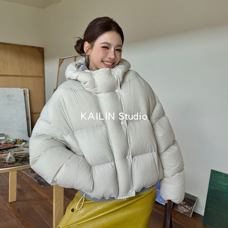 Pink Korean-Style Loose Shell Cap Drawstring Design Short Puffer Jacket for Women, 90% White Duck down