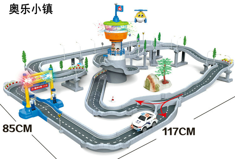 Aole toll station Gas station Electric car track simulation highway real voice sound and light model toy