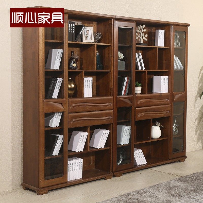 Solid wood bookcase with door combination three doors two doors all walnut bookcase bookcase bookcase glass modern Chinese furniture