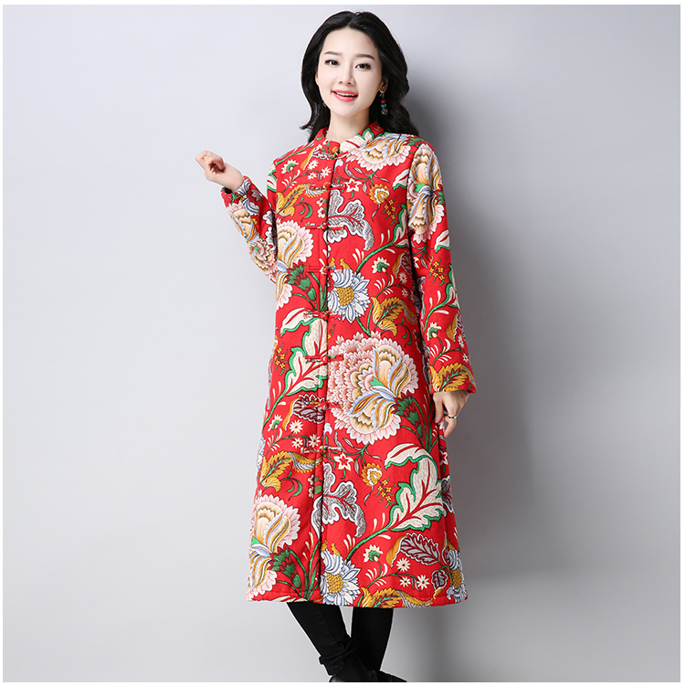 Kích thước lớn của phụ nữ béo mm lỏng cộng với nhung dày in quốc gia Trung Quốc bông mẹ ấm mùa thu và áo khoác mùa đông váy trung niên đẹp