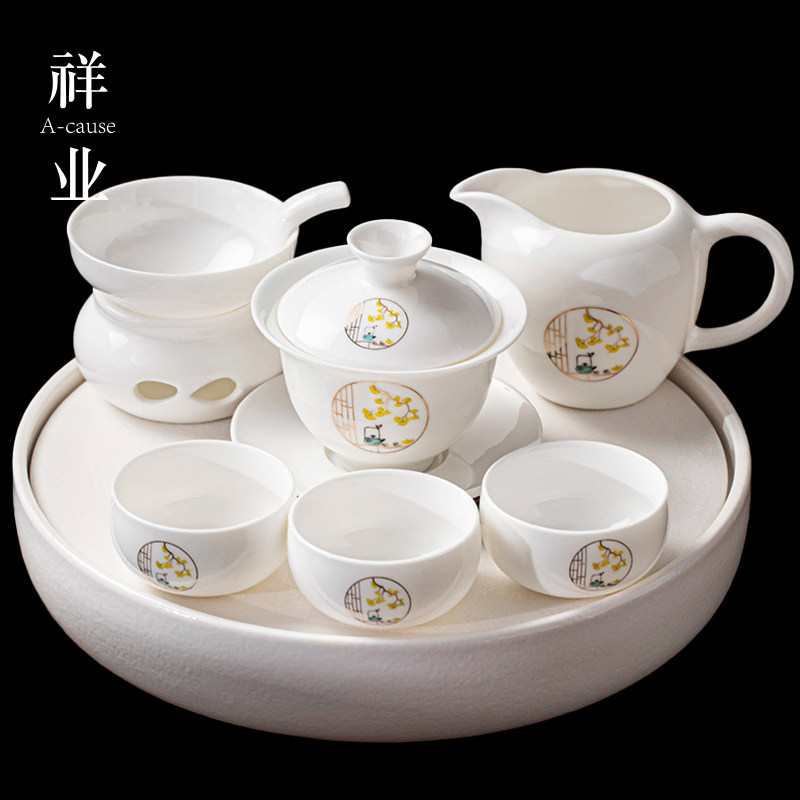 Dehua Goat Fat Jade Porcelain Kung Fu Tea With Small Suit Home Hospitality Imitation Chaoshan Work Tea Lid Bowl Old Tea Tray-Taobao