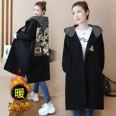 Pregnant women coat autumn and winter wear out 2021 New plus velvet padded print loose large size hooded sweatshirt medium and long version