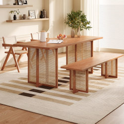 Solid Wood Dining Table and Chair Set for Home Use, Simple Small Apartment Nordic Dining Room Table, Wabi-Sabi Style Rectangular Rattan Woven Table