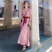 European station fairy shirt dress female 2021 summer new large size womens waist thin holiday style long skirt female