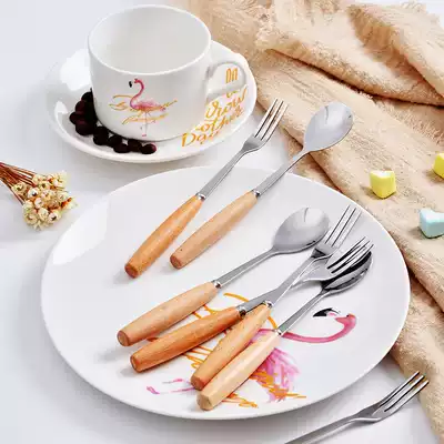 Stainless steel whisk chopsticks spoon set household knife and fork three-piece gift box small fork Japanese wooden tableware