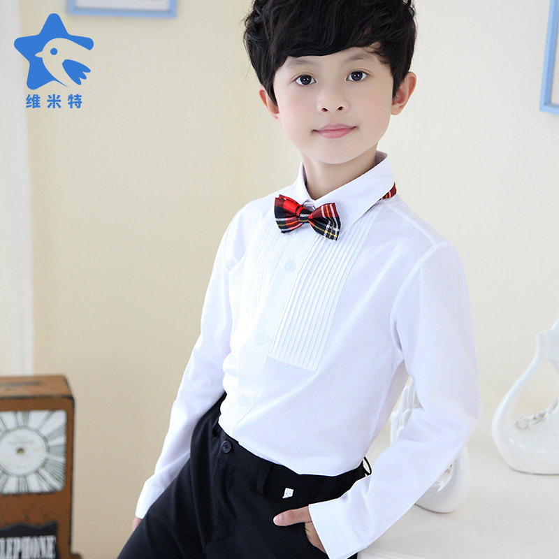 Boy White Shirt Long Sleeve Children's Program Performance Out Costume Boy Piano Gown Shirt Pure White Big Boy Dress