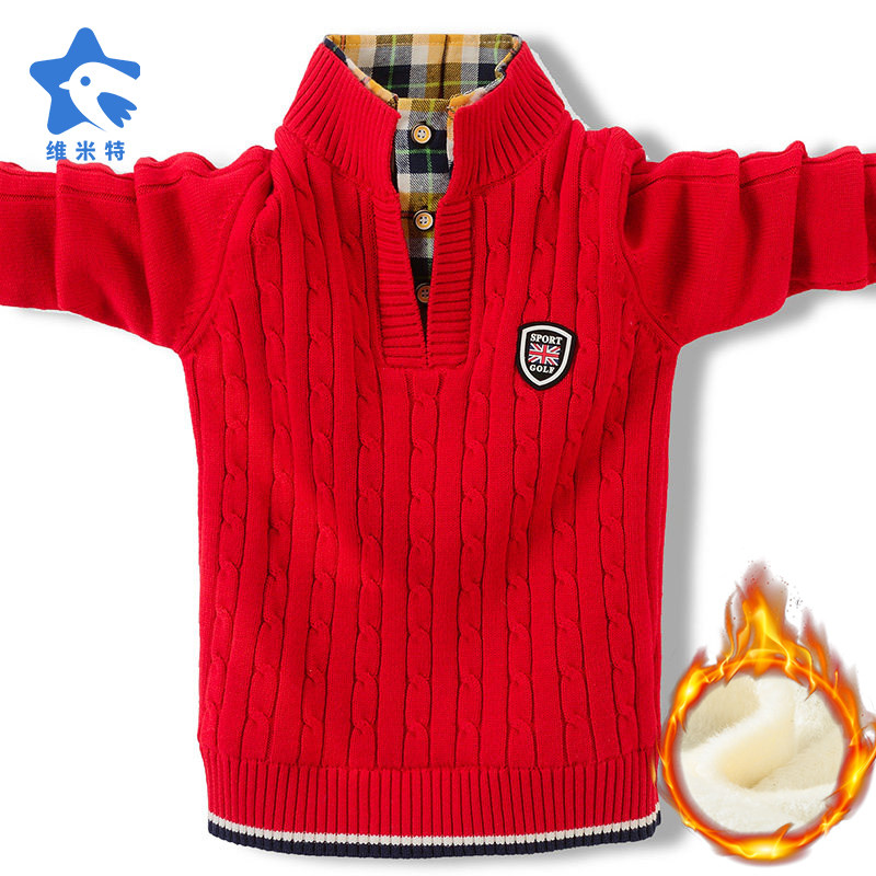 Boy open collar sweaters large red blue children suit sweatshirt boy knit cardiovert sweater long sleeve sweater velvet thicken