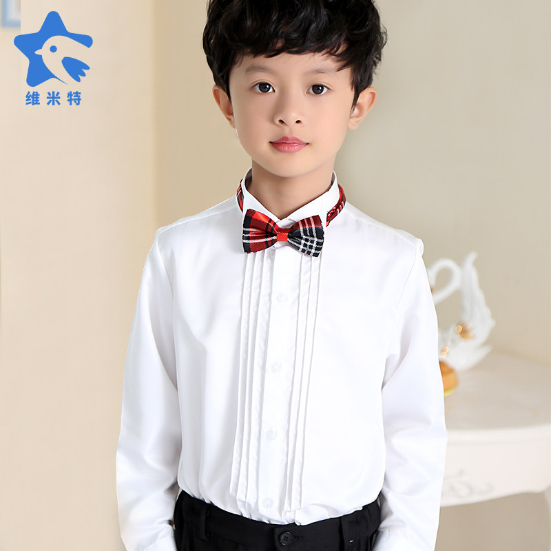 Boy Long Sleeve White Shirt Children's Program Performance Out of Boy Piano Dress Pleated Shirt Pure White School Uniform