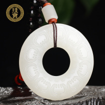 Hetian Jade mutton white jade lotus flower safe buckle pendant Lady round jade pendant natural jade pendant necklace