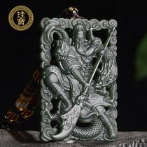  Xinjiang Hetian jade Qingyu Guan Gong pendant Mens jade jade pendant double-sided hollow tower green fine material natural jade