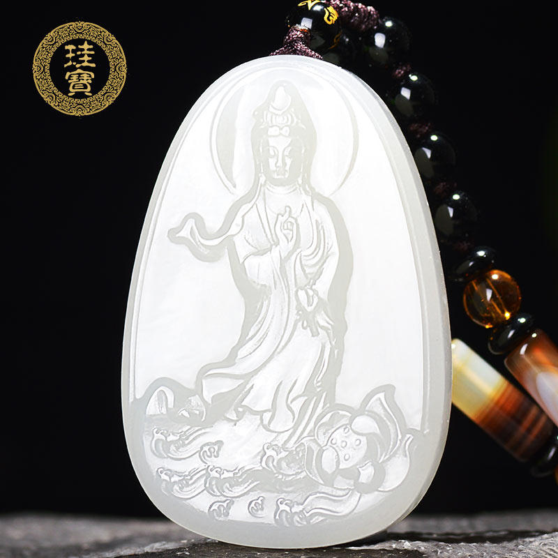 Xinjiang and Tian Yuyang Grease Jade Station Lotus Guanyin Pendant Men's Jade Jade Pendant Jade Pendant Natural Jade Pendant Natural Jade Pendant