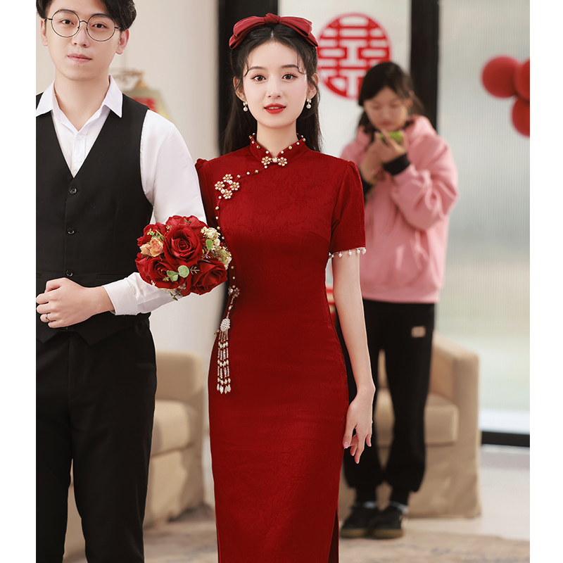 Cheongsam, burgundy evening cocktail dress, wedding dress, summer clothing, Chinese style