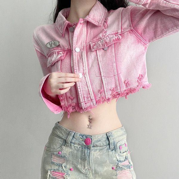 Spring and Autumn Hot Girl Washed Distressed Niche Pink Design Denim Short Jacket Women's Loose Fashion Jacket ins Top