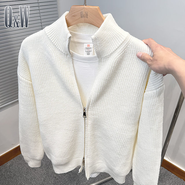 Double zipper solid color cardigan men's knitted sweater