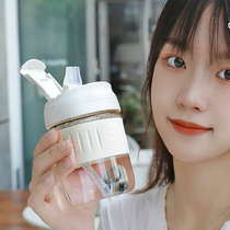 Glass Cup With Straw Water Cup Womens Summer High Face Value Cute Portable Student Netred Coffee Cup